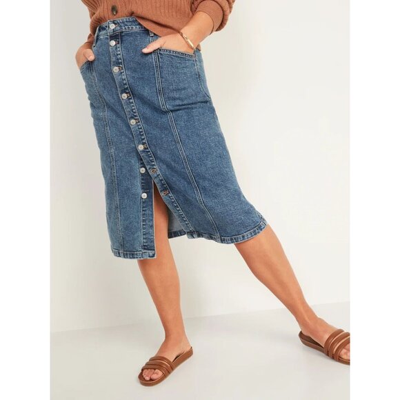 Old Navy Denim Skirt Button Front Midi Blue Jean High Waist NWT - Picture 3 of 13